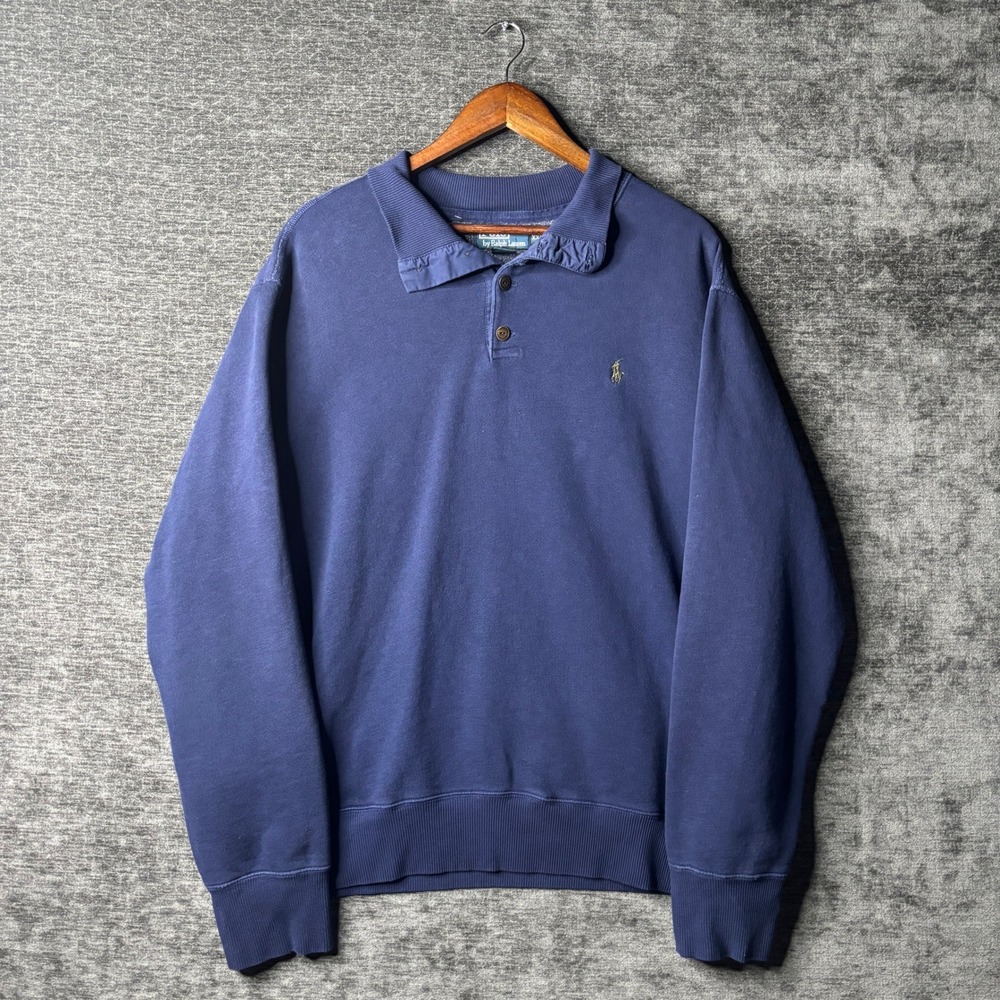 Polo Ralph Lauren Mens XXL Navy Blue Long Sleeve Polo Collar Sweatshirt Vintage